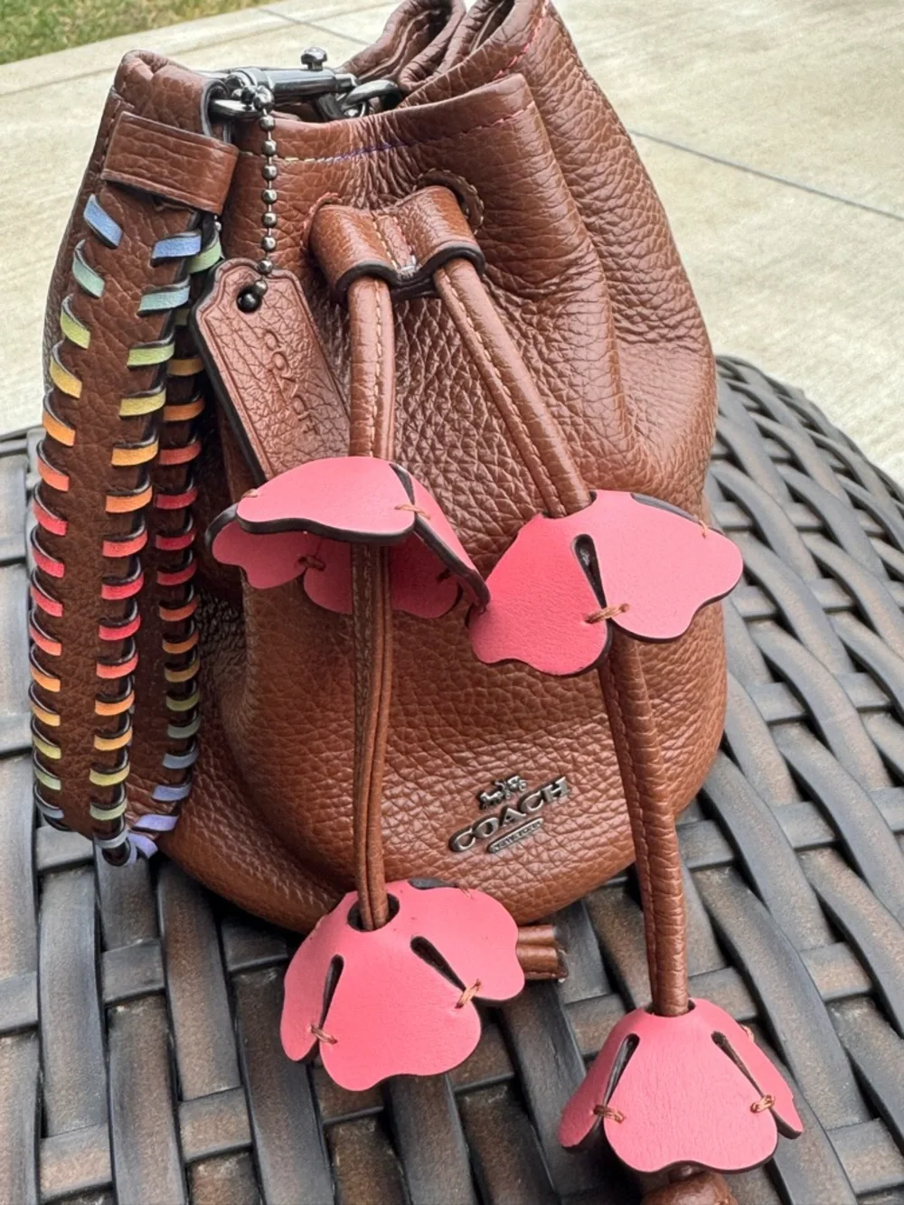 Coach Pebbled Leather Drawstring Bucket Bag Tea Rose petal wristlet pouch bag - Picture 10 of 10